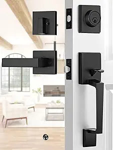 EHOMEWARE Black Front Door Handle and Deadbolt Set, Exterior Door Lock Set, Entry Door Handle with Single Deadbolt, Matte Black Front Door Handle, Reversible Lever Set for Left or Right Opened Doors