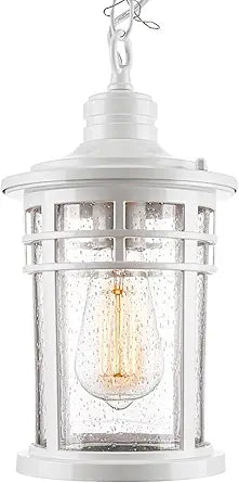 Darkaway Outdoor Pendant Lights for Porch, Outdoor Chandelier Hanging Porch Lights Ceiling Mount Aluminum with Seeded Glass for Front Porch Gazebo Patio (Medium, White)