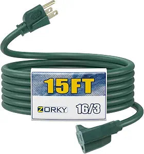 15ft Outdoor Extension Cord for Christmas Decorations - 16/3 Heavy Duty SJTW Waterproof Green Electrical Cable with 3 Prong Grounded Plug for Safety, Great for Lawn and Major Appliances