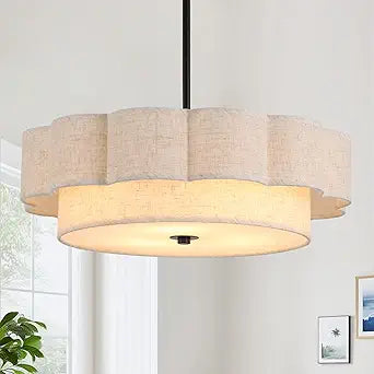 17.7" Modern Drum Chandeliers, 3-Light Pendant Light Fixture with E26 Bases, 2-Layer Flower-Round Fabric Shade Chandeliers for Dining Room, Bedroom, Living Room, Kitchen, Foyer