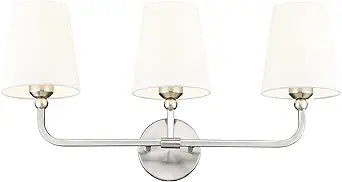 Bathroom Light Fixtures, Brushed Nickel Vanity Lights with Flared White Fabric Shade, 3 Light Wall Sconce, Modern Sconces Wall Lighting for Hallway Bedroom, VL837-BN-3