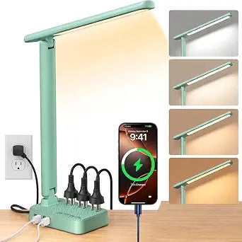 LED Desk Lamp with Power Strip, 3 AC Outlets, 4 USB Ports, Stepless Dimming
