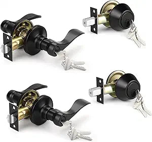 Knobonly 2 Pack Keyed Alike Front Door Handle with Single Cylinder Deadbolt, Matte Black Exterior Door Lock Set, Zinc Alloy