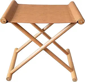 Vegan Soft Leather Solid Beech Wood Multipurpose Foldable Portable Foot Stool Vanity Stool or Freestanding Magazine Holder -Van Dyke Brown