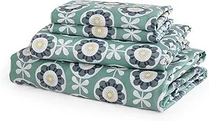 JSD Green Floral Cotton Sheet Set Queen Size, 300 Thread Count Sateen Printed Sheets Deep Pocket Cooling Breathable Soft