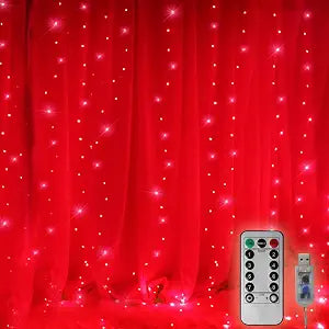 300 LED Curtain Christmas String Lights, Backdrop Fairy Lights With Remote Control USB Power 8 Lighting Modes Window Red Lights for Bedroom, Home, Xmas, Valentines Day Decor - 9.8ft x 9.8ft
