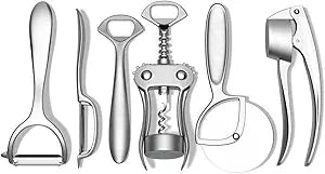 Public Goods Kitchen Tool Set | 6 Piece Kitchen Utensil Set | Includes Y-Peeler, Peeler, Bottle Opener, Wine Opener, Pizza Cutter, and Garlic Press | Plastic-Free, Dishwasher Safe Gadget Essentials