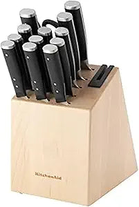 KitchenAid Gourmet Forged Triple Rivet Knife Block Set with Built-in Knife Sharpener, Japanese Stainless Steel Kitchen Knives, Sharp Kitchen Knife Set with Block, Birchwood, 14-Piece