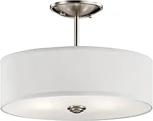Kichler Shailene 14" 3-Light Semi Flush Mount Ceiling Light Fixture with Satin Etched White Diffuser and White Microfiber Shade in Brushed Nickel for Bathroom or Bedroom, 43675NI