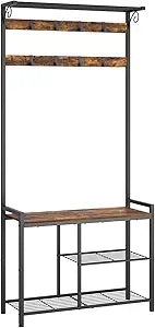YATINEY Coat Rack Shoe Bench, 4-in-1 Hall Tree with Storage Shelves and Hanging Rod, Entryway Storage Organizer with 8 Movable Hooks, for Entryway, Hallway, Corridor, Rustic Brown and Black MT12BR