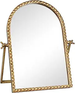 Vintage Desk Makeup Mirror, 11.8" L x 7.9" W Antique Gold Vanity Table Mirror, Metal Framed Arched Small Standing Mirrors with Beaded, 360 Adjustable Rotation for Tabletop, Bedroom