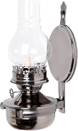 Lehman's Woodshed Wall Mount Oil Lamp, 20 Ounce Kerosene Fuel Lantern with Removable Silver Reflector, Painted Pewter Finish, Glass Material, 3/4 Inch Wick, Indoor Use