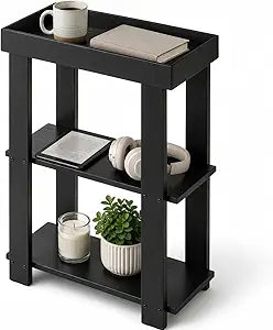 Narrow Side Table Black, 3-Tier Side Table, Rustic Farmhouse Narrow End Table with Storage, Slim Table Nightstand for Small Spaces, Bedroom or Living Room (Black)