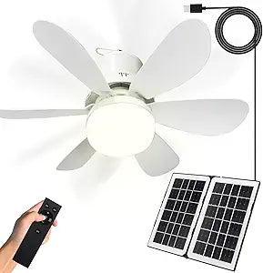 Solar Ceiling Fan Light, 17.3" 10000mAh Battery Operated Portable Gazebo Fan with Remote, Foldable Solar Panel for Camping RVs Tent Patio Canopy Chicken Coop Outside