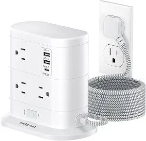 10 in 1 Surge Protector Power Strip Tower - 5Ft Flat Plug Extension Cord with 7 Outlets 3 USB Ports (1 USB C), Desk Power Strips with Surge Protection for Home Office Supplies Dorm Room Essentials