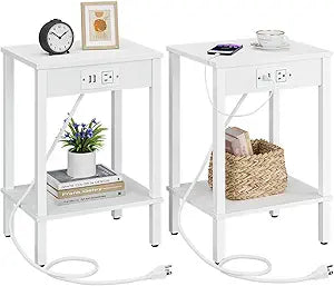 VIMBER Side Table with Charging Station, Set of 2 End Tables with USB Port and Outlets, Nightstands with 2-Tier Storage Shelves, Sofa Table for Small Space, Living Room, Bedroom, White UTBT102W2
