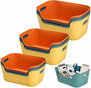 Tlence 12 Pack Colorful Plastic Storage Baskets, Classroom Organizer Bins with Built-in Handle, Open Cubby Storage Bins, Household Pantry Shelf Organization Containers for Office, 3 Sizes