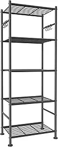 Sakugi Storage Shelves - 5-Tier Large Capacity Shelf Organizer with Hooks, Heavy-Duty Garage Shelving with Leveling Feet, Wobble-Free Rack for Bedroom, Balcony, Garage, 18.1"12.4"56.8", Black