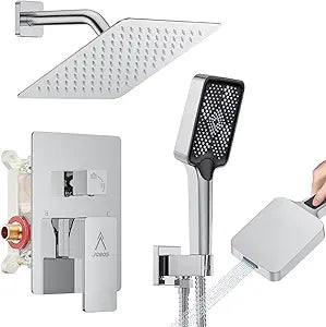 Shower System Modern Rain 8 inches Brass Faucet Set With Valve and Diverter Shower Mixer With Handheld High Pressure Square Rainfall Shower Valve (8'' Wall Mount, Chrome Polished)
