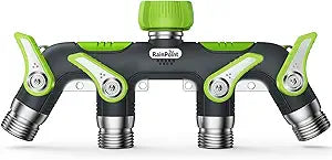 RAINPOINT 4 Way Garden Hose Splitter, 100% Metal Heavy Duty Water Hose Splitter with Individual Shut-Off Valves, 3/4" GHT High Flow Outdoor Faucet Splitter, 1.81" Extra Long Handle (Green)