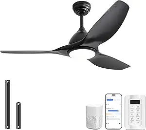 Sofucor 52 Inch Smart Ceiling Fan with Light, Modern Ceiling Fan with 3 Plastic Blade, Quiet, Dimmable, Compatible with Alexa/Google/App, 6 Speeds 7000CFM, Timer Quiet Reversible DC Motor, Black