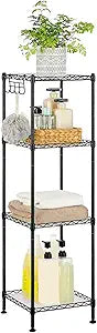 SONGMICS 4-Tier Bathroom Shelf, Storage Rack for Small Space, with 4 PP Shelf Liners, Removable Hook, Extendable Design, Ink Black and Translucent ULGR104B01
