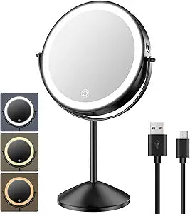 Benbilry 8 Inch Lighted Makeup Vanity Mirror with Lights 3 Color Dimmable, 1X/10X Magnifying Rechargeable Double Sided Light Up Cosmetic Mirror, 360 Swivel Cordless Standing, Black