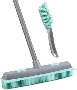 Conliwell Rubber Broom Carpet Rake for Pet Hair, Fur Remover Broom with Squeegee, Portable Detailing Lint Remover Brush (Iron Handle)