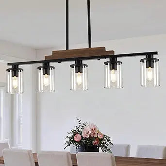 5-Light Dining Room Light Fixture Over Table, Farmhouse Kitchen Island Lighting, Linear Chandelier with Clear Glass Shades, Modern Rustic Wood Chandelier with Adjustable Height