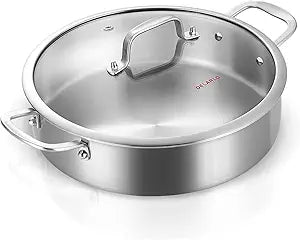 DELARLO Stainless Steel Pans,6QT Saute Pan,12 inch Everyday Pan with Lid,Dishwasher-Friendly Braiser,Stay-Cool Handles,Oven-Safe Up to 660