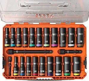 Klein Tools 65121IMPCT KNECT Deep-Well 3/8-Inch Drive Impact Socket Set, SAE and Metric, 23-Piece Tool Set, Impact Driver Adapter, Multi-Purpose Wrench Adapter, Color-Coded, MODbox Socket Organizer