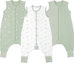 100% Organic Cotton Toddler Sleep Sacks 3 Pack with Feet Foldable Footies 12-24 Months Early Walker Baby Sleeping Sack Bag with Legs Footed Wearable Blanket Sleeveless 2-Way Zipper for Boys Girls