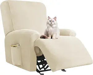 Deisy Dee 4-Piece, 1 Seat Recliner Cover, Soft Velvet Recliner Chair Covers- Stay-in-Place Slipcovers for Recliner Chair (Beige)