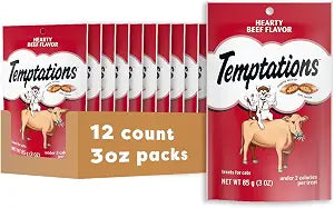 Temptations Classic Soft Cat Treats, Hearty Beef Flavor, Crunchy Cat Treats, 3 oz. Pouch (Pack of 12)