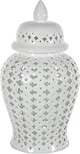 Red Lantern 16" Carved Lattice Decorative Temple Jar, White