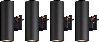 mirrea 12" Dusk to Dawn Outdoor Porch Light Patio Light in 2 Lights Matte Black Aluminum Cylinder Waterproof Wall Sconce Pack of 4
