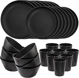 LIYH 48 Pcs Black Wheat Straw Plates and Bowls Dinnerware Set for 12, Camping Dish Set, Dishwasher Safe, Unbreakable Plastic Camper Dishes