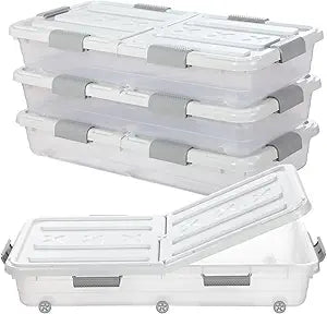 Beeveer 4 Pcs Plastic Under Bed Storage Container with Double Opening Lid Wheel Handle, Transparent Large Capacity Stackable Latching Festival Storage Bin for Closet Bedroom, 31.5x15.8x5.2 In(White)