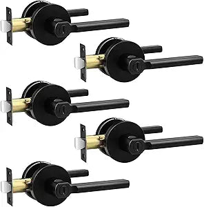5 Pack Black Interior Door Handle with Lock,Privacy Door Lever for Bedroom or Bathroom,Keyless Round Door Lock Interior for Left and Right Hand Reversible