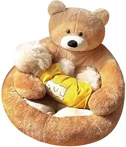 Cute Bear Hug Design Dog Cat Beds Plush Pet Beds Cuddler, Warm Soft Calming Dog Beds with Removable Washable Cover Non-Slip Bottom (Diameter 30 in, Khaki)