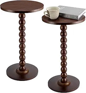 DoubleFill 2 Set Round Pedestal Side Table Brown Wooden Small Drink Coffee Table Traditional Tray Top End Modern Accent Nightstand with Solid for Small Space Home Office Bedroom Living Room Corner