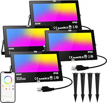 LED Flood Light Outdoor 800W Equivalent 8000LM, Smart RGB Color Changing Landscape Lighting with APP Control, IP66 Waterproof Outdoor LED Lights Daylight 5700K, DIY Scenes, Timing Floodlights, 4 Pack