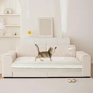 VClife Dog Couch Covers, Modern Patchwork Cream Beige Herringbone Chenille Sofa Cover with Pom-pom Fringe, Anti Slip Couch Covers for 3 Cushion Couch Sofa Pet Friendly, 35.4" x 70.9"