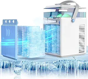 Portable Air Conditioner Fan, Rechargeable 5-IN-1 Personal Mini Cooler Humidifier, 3-Speed Evaporative Air Cooler with 7 Color Lights, Cordless AC Desktop Spray Fan, Quiet Desktop Cooling Fan