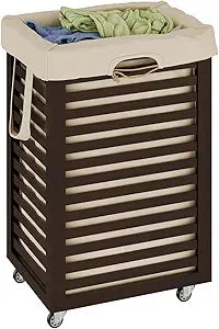 Laundry Hamper with Wheels, Laundry Basket with Liner, 85L Large bamboo Laundry Clothes Laundry Hamper, Liner with Handles, Dirty Clothes Storage Cart For Laundry Room, Dorm, Bedroom, Bathroom(Coffee)