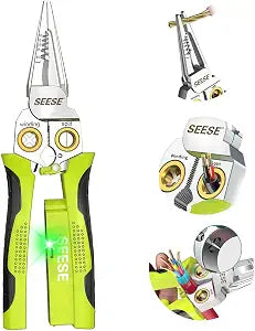 SEESE 8-in-1 Wire Stripper for Electrician: Needle Nose Pliers with Voltage Tester & Dual Alarms - Electrical Pliers for Cutting Wires, Pulling Wires and Crimp Wires