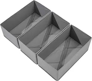 Bructhun Sock Drawer Organizer 3 Pack - Collapsible Fabric Storage Bins for Underwear Divider, Small Closet Organizers with 3 Compartments, Gray