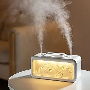 Double Spray Humidifier, 600ML Snow Mountain Small Quiet Cool Mist Humidifier for Plants Dorm Room Bedroom Office Home Personal Humidificador with 2 Mist Modes & 3 Modes Night Light