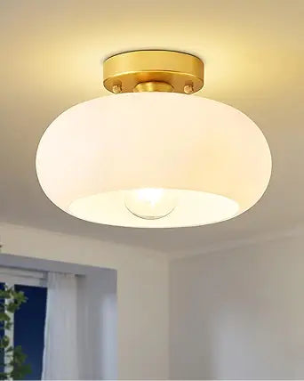 Yunnix Semi Flush Mount Ceiling Light, Gold Light Fixture, Mid-Century Modern Farmhouse Milk Glass Small Light Fixtures for Hallway, Bathroom, Kitchen, Bedroom, Living Room, Closet, Laundry(11 Inch)