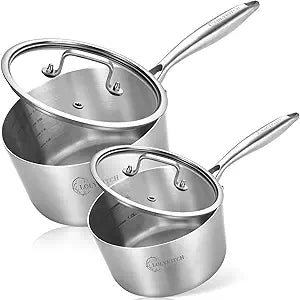 LOLYKITCH Tri-Ply Stainless Steel Saucepan Set with Glass Lids, 1QT & 2QT Cooking Pots, Uncoated Heavy Bottom Metal Sauce Pans for Induction Cooktop, Ergonomic Handle